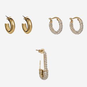 NEW set of 3 earrings from Naetur jewelry rhinestone pave gold hoops safety pin